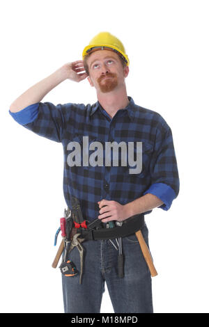 construction worker thinking with helmet on white background Stock Photo
