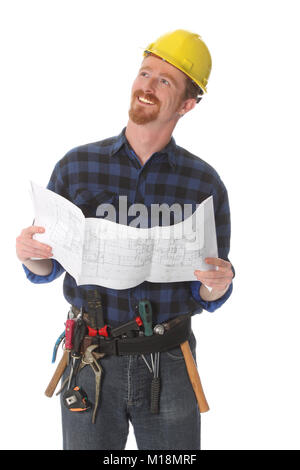 construction worker with architectural plans on white background Stock Photo