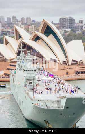 HMAS Canberra L02 Landing Helicopter Dock in front of Sydney Opera House during annual Australia Day celebrations on Sydney Harbour, January 26, 2018. Stock Photo