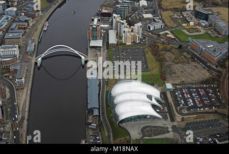 aerial view of the Sage, Baltic Centre & Millennium Bridge on the River Tyne, Gateshead, UK