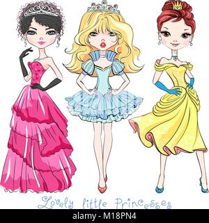 Set of Beautiful fashion girls princesses in the crowns and in a beautiful dresses Stock Vector