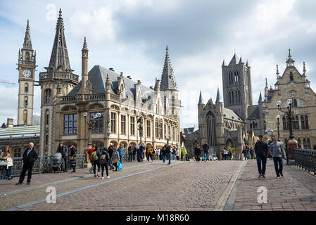 Ghent, Belgium - April 16, 2017: The Sint Michielsbrug bridge - the landmarks of Ghent, such as medieval mansions, St Nicholas Church and Belfort van  Stock Photo