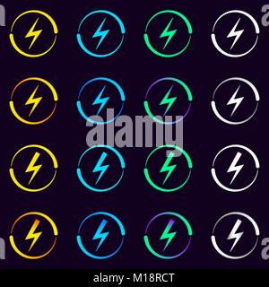 Collection of Electrical Signs. Vector Illustration of Electric Energy Symbol in Different Colors and Gradients. Current Circulation. Stock Vector