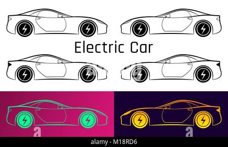 Vector Illustration of Electric Car. Silhouette of Sport Car with Ecological Electrical Engine. Illustration is Made by Stroke without Fill Inside. Fi Stock Vector
