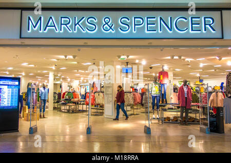 Marks and & Spencer shop / store (clothing department) in the  Queensgate shopping centre in Peterborough city, Cambridgeshire, England, UK. Stock Photo