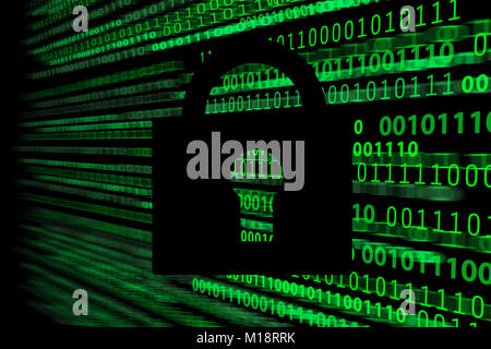 Composite image of digital security and cryptology system - closed padlock on the background of blurred motion binary digits. Stock Photo