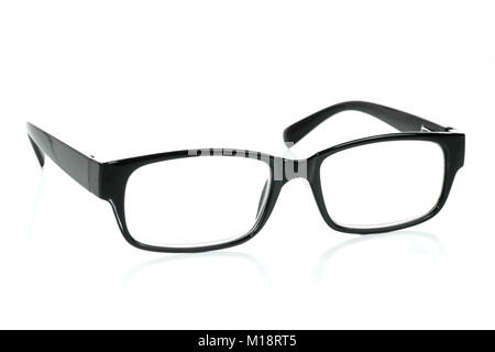 Optical black eye glasses isolated on white background in close-up. Stock Photo