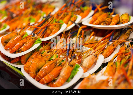 Cooked Shrimp In Plates At Thai Street Market Stock Photo