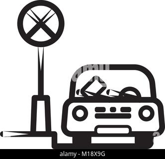 Passenger Car Parked at Street in restricted place with fine ticket on windshield. Linear vector illustration with editable line. EPS10 Stock Vector