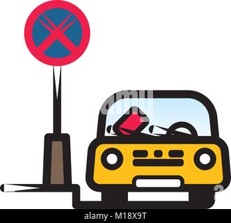 Passenger Car Parked at Street in restricted place with fine ticket on windshield. Linear vector illustration with editable line. EPS10 Stock Vector