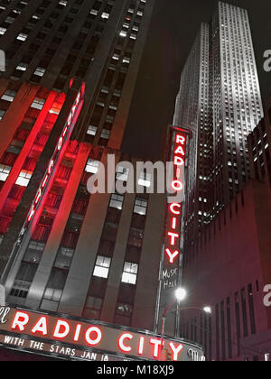Radio City Music Hall in Rockefeller Center at Night, NYC, USA Stock Photo