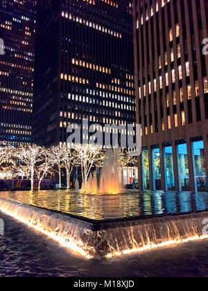 Reflecting Pool and Fountain at Night, Rockefeller Center, NYC