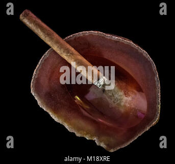 Single lit cigar on a red rock ashtray Stock Photo