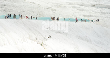Denizli, Turkey - June 3, 2017. Various tourist in Travertines pools of Pamukkale Denizli Turkey. Stock Photo