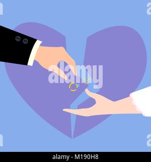 Divorcement of married couple. Broken diamond ring, broken to pieces heart. Man and woman in wedding suites. Two hands and martial divorce concept. Fl Stock Vector