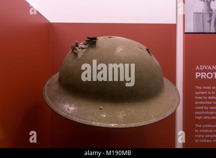 A model 1917 helmet used by US forces in World War I on display in the National Museum of Health and Medicine, Silver Spring, MD, USA. Stock Photo