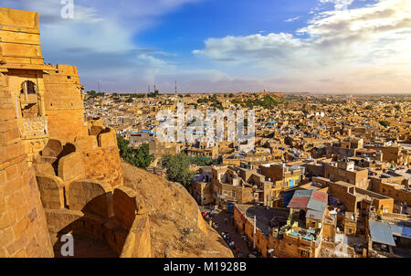 Jaisalmer Fort also known as the Golden Fort made of yellow limestone with view of the city scape. Jaisalmer Fort is a UNESCO World Heritage site. Stock Photo