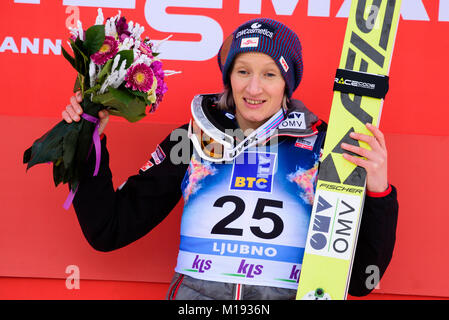 Ljubno, Slovenia. 28th Jan, 2018. Ljubno, Slovenia. 28th Jan, 2018. Daniela Iraschko Stolz of Austria on podium celebrating her victory at the Ljubno FIS Ski Jumping World Cup competition in Ljubno. Credit: Rok Rakun/Pacific Press/Alamy Live News Stock Photo