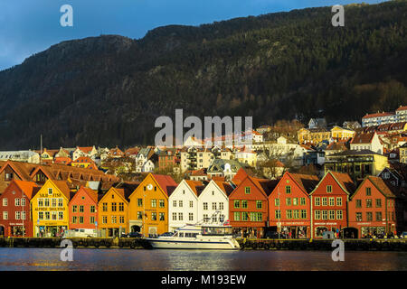 Historic Hanseatic wooden waterfront commercial buildings of the World Heritage listed Bryggen (the dock) on Vagen Harbour. Bergen, Hordaland, Norway Stock Photo