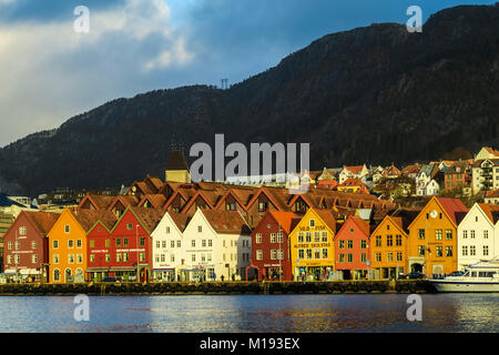 Historic Hanseatic wooden waterfront commercial buildings of the World Heritage listed Bryggen (the dock) on Vagen Harbour. Bergen, Hordaland, Norway Stock Photo