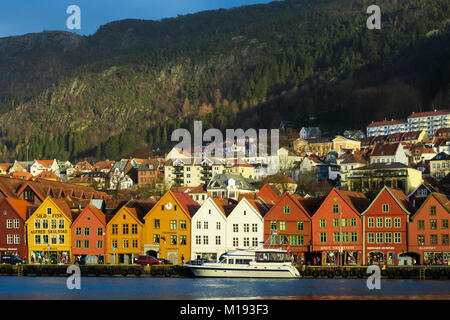 Historic Hanseatic wooden waterfront commercial buildings of the World Heritage listed Bryggen (the dock) on Vagen Harbour. Bergen, Hordaland, Norway Stock Photo