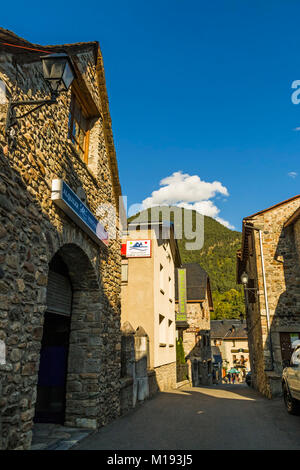 Shops & hotel on Calle Francia in this Upper Tena Valley ski & hiking tourist town. Sallent de Gallego; Pyrenees; Huesca; Spain Stock Photo