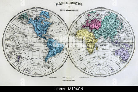 1877 Migeon Map - World in Hemispheres - Eastern Western - North America South America Europe Asia Africa Australia Stock Photo