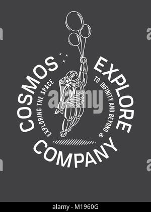 Space cosmos exploration company vector illustration white on black background depicting a spaceman with balloons Stock Vector