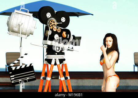 Brunette hair charming girl in bikini looking at a film cinema camera Stock Photo