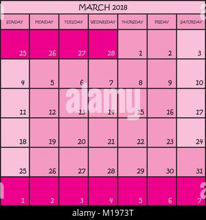 CALENDAR PLANNER MONTH MARCH 2018 ON TRANSPARENT BACKGROUND Stock Vector