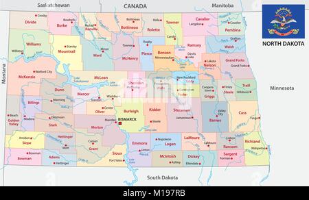 North dakota administrative and political vector map with flag Stock Vector
