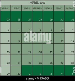 CALENDAR PLANNER MONTH APRIL 2018 ON THREE SHADES OF GREEN COLOR BACKGROUND Stock Vector
