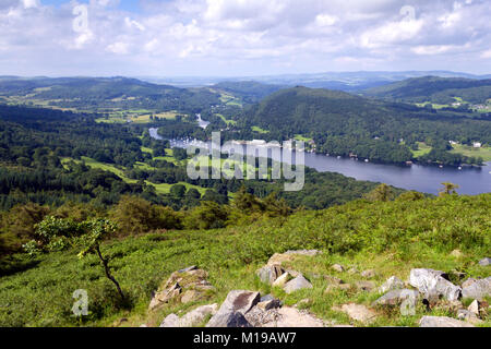 The view over the southern end of Lake Windermere from the footpath to Gummers How, a well known viewpoint in The Lake District, Cumbria, UK Stock Photo