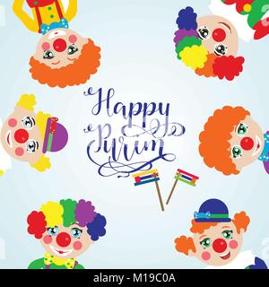 Happy Purim. Template design with fun clowns. Jewish holiday vector illustration. happy purim in hebrew Stock Vector