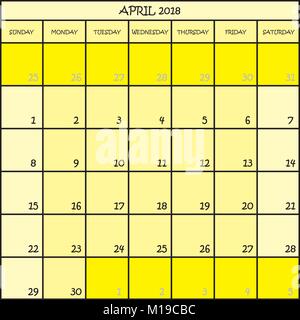 CALENDAR PLANNER MONTH APRIL 2018 ON THREE SHADES OF YELLOW COLOR BACKGROUND Stock Vector