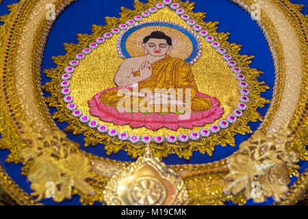 Decoration with sitting Buddha at talipot fan close up Buddhist temple Asokaram, Thailand Stock Photo