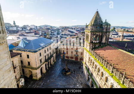 Santiago de Compostela, Spain, skyline. City view from Cathedral roof in a sunny day. January 2018