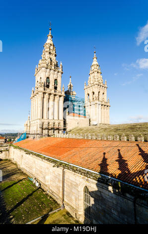 Santiago de Compostela roof top. Main towers and bells of the cathedral viewed from its roof