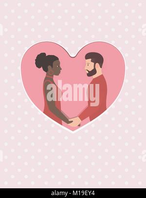 Bearded white man and beautiful afro American woman. Happy multiracial couple in love, holding hands and looking into each others eyes. Greeting card for Happy Valentines day. Wedding or anniversary. Stock Vector
