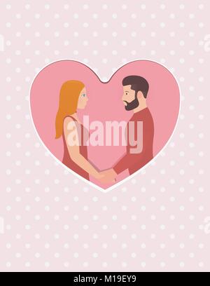 Greeting card for Happy Valentines day February 14th. Bearded man and beautiful redhead woman, couple in love, holding hands, looking into each others eyes. Design template for wedding or anniversary. Stock Vector