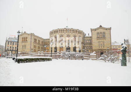 The front of the Storting building, located at 22 Karl Johans gate in central Oslo, Norway. Stock Photo