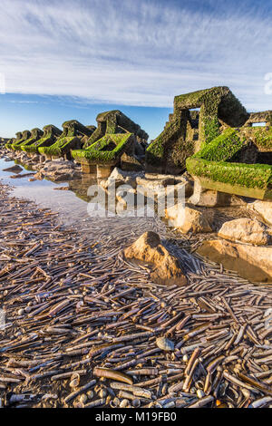 New Brighton beach wave breakers and sea defence system Stock Photo