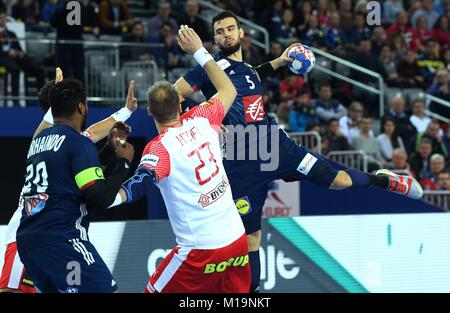 Zagreb, Croatia. 28th Jan, 2018. Nedim Remili (R) of France shoots during the 2018 EHF Men's European Championship bronze medal match between France and Denmark in Zagreb, Croatia, on Jan. 28, 2018. France won 32-29. Credit: Igor Kralj/Xinhua/Alamy Live News Stock Photo