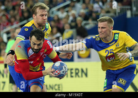 Zagreb, Croatia. 28th Jan, 2018. Daniel Sarmiento (L) of Spain vies with Linus Arnesson (R) of Sweden during the 2018 EHF Men's European Championship gold medal match between Spain and Sweden in Zagreb, Croatia, on Jan. 28, 2018. Spain claimed the title with by defeating Sweden with 29-23 in the final. Credit: Goran Stanzl/Xinhua/Alamy Live News Stock Photo
