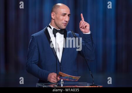 Dresden, Germany. 26th Jan, 2018. German professional boxer Arthur Abraham speaks at the 13th Semper opera ball in Dresden, Germany, 26 January 2018. This year's motto of the Semper opera ball is called 'Magical Dresden - the ball brings luck.' Credit: Sebastian Kahnert/dpa/Alamy Live News Stock Photo