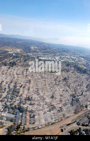 An aerial view shows homes destroyed by wildfires in Santa Rosa ...