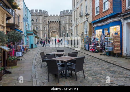 A view down Church Street in Windsor looking towards a gate into Windsor Castle. Stock Photo