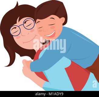 Caucasian family relationships. Mother hugging her son. They are laughing. Stock Vector