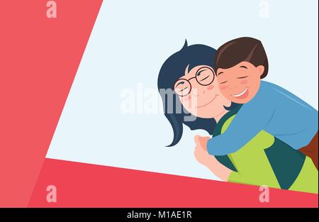 Caucasian family relationships. Mother hugging her son. They are laughing. Stock Vector