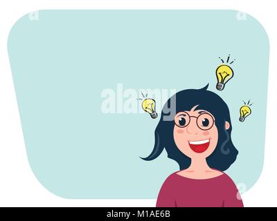 Caucasian woman cartoon character is inspired with idea for startup or good news. Lamp sign near her head. Stock Vector